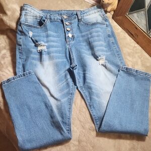 High Rise Distressed Light Blue Women's Jeans With Button Fly